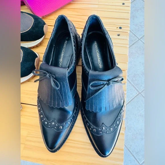 REBECCA MINKOFF Black Leather Hollis Oxford Studded Fringe Shoe Mocassin - Picture 2 of 7